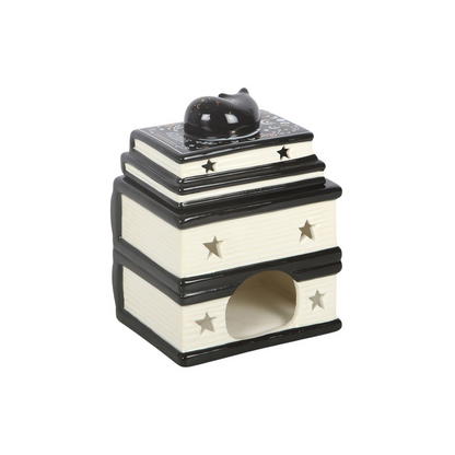 Black Cat Book Stack Oil Burner with Cat