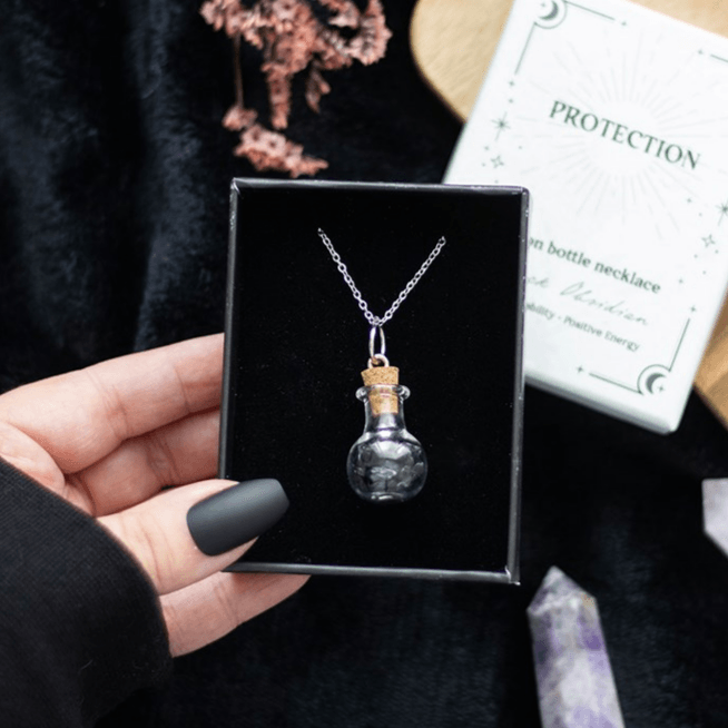Protection Black Obsidian Crystal Chip Potion Bottle Necklace