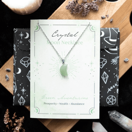Green Aventurine Crystal Moon Necklace on Greeting Card