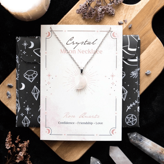 Rose Quartz Crystal Moon Necklace on Greeting Card