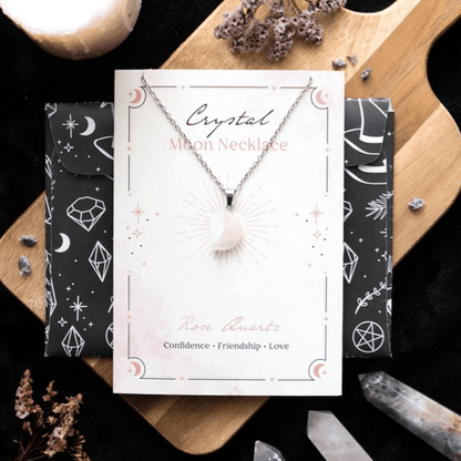 Rose Quartz Crystal Moon Necklace on Greeting Card