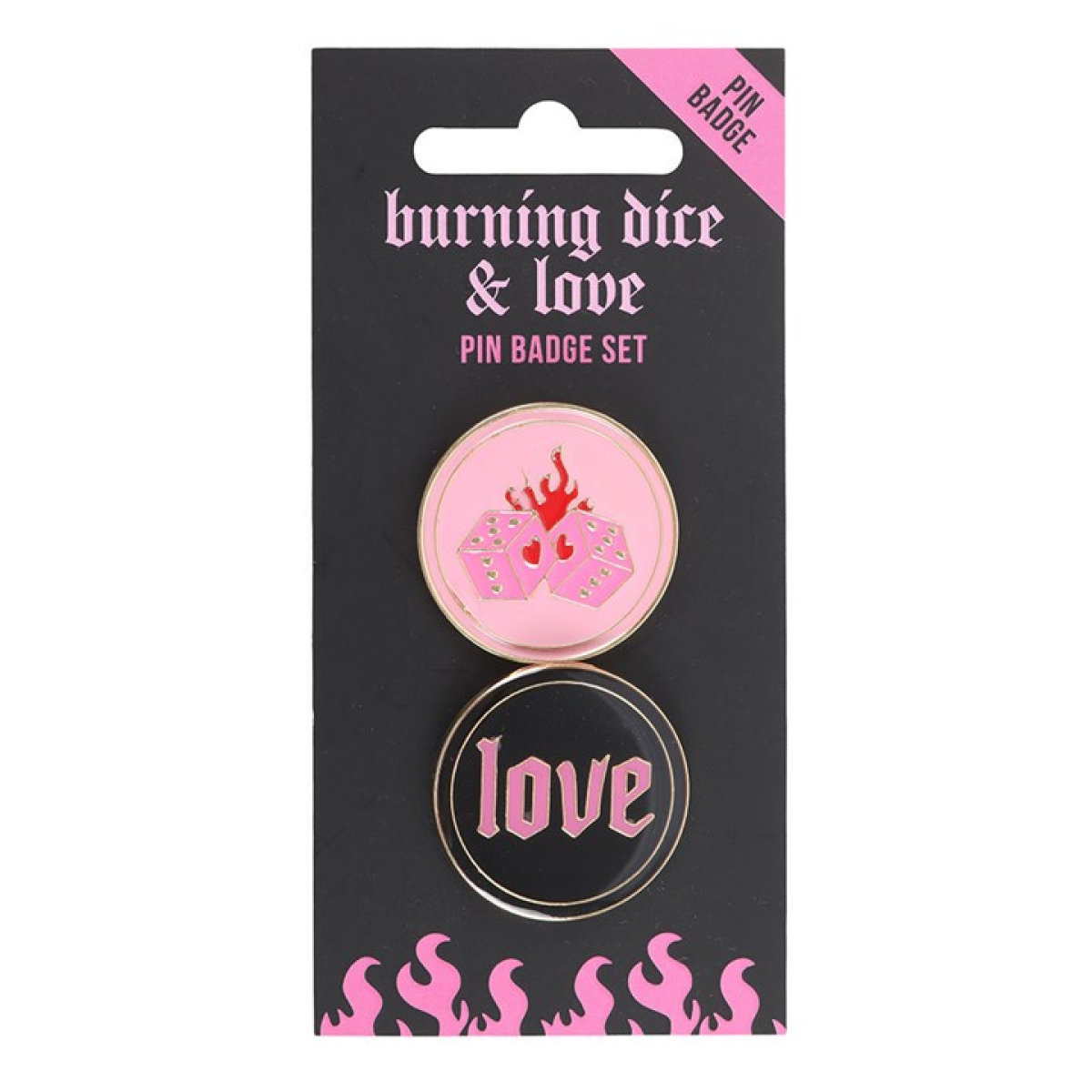 Flaming Dice and Love Pin Badge Set