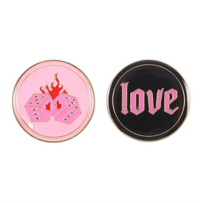 Flaming Dice and Love Pin Badge Set