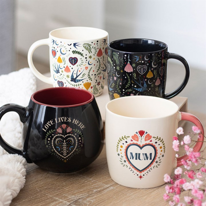 Love Lives Here Folk Heart Rounded Mug