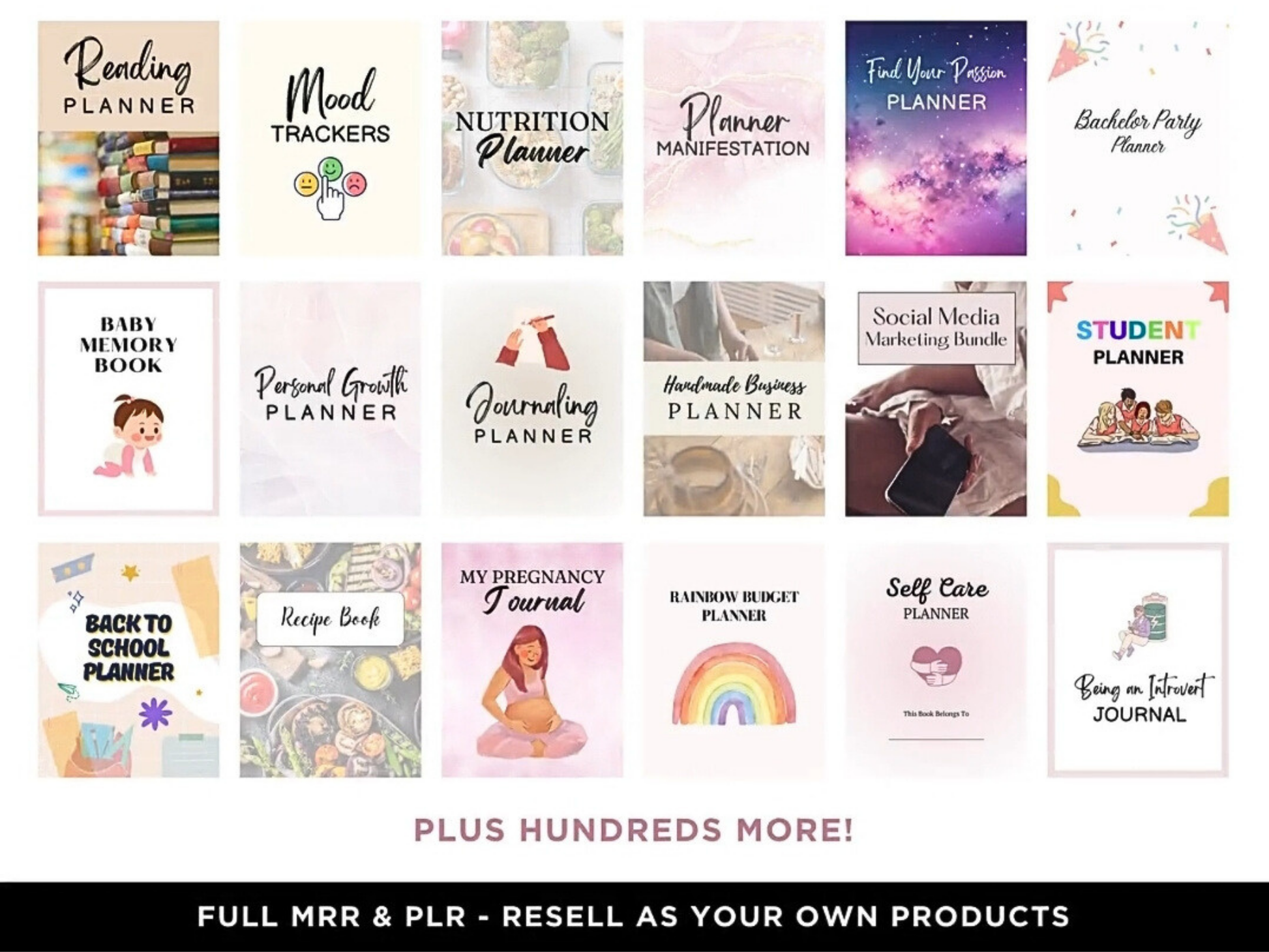 Collection of various planner and journal covers with text labels on a white background.