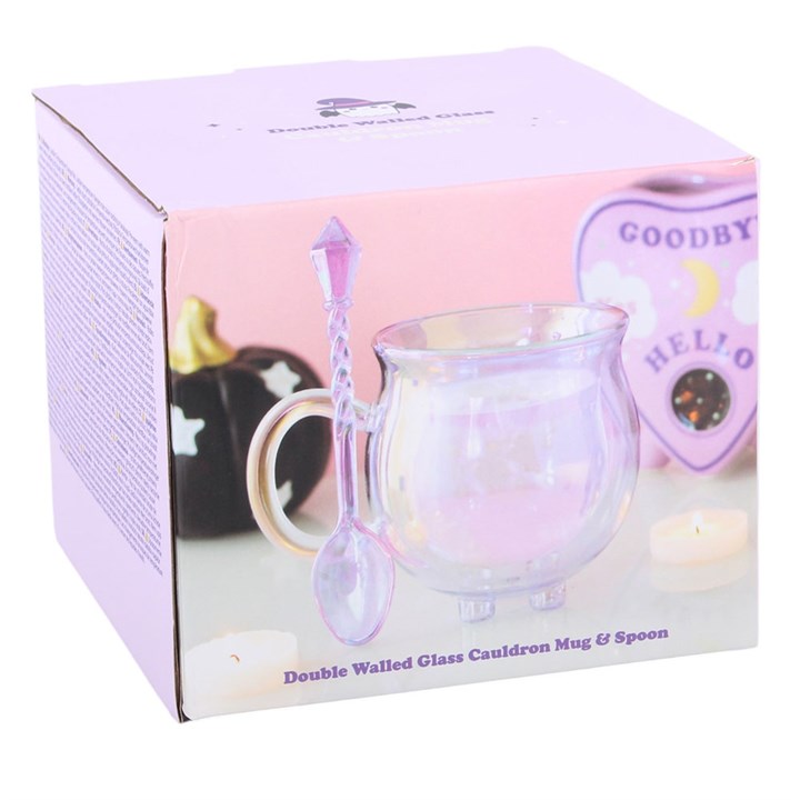 Purple Double Walled Glass Cauldron Mug with Spoon