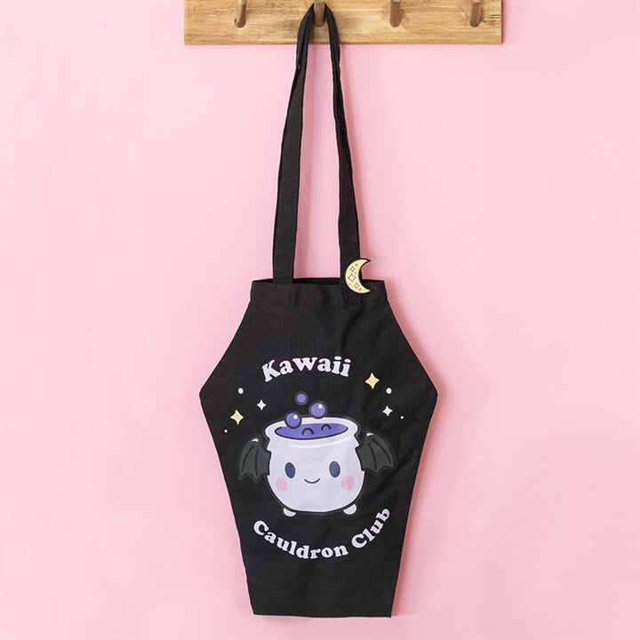 Cauldron Club Coffin Shaped Tote Bag with Enamel Pin Badge