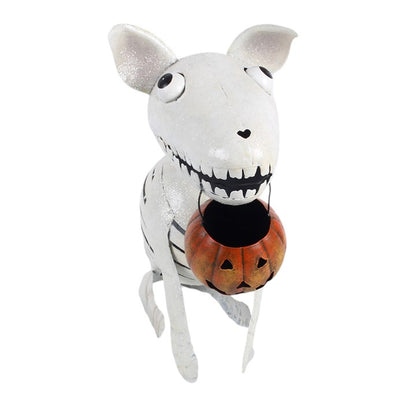 Metal Skeleton Dog Ornament with Pumpkin