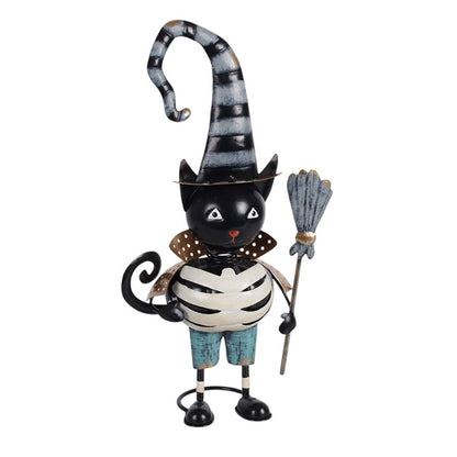 Metal Black Cat Ornament with Witch Hat