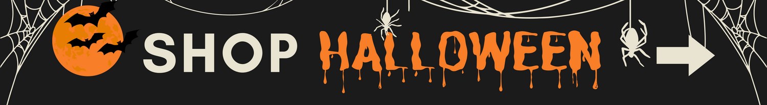 A Halloween-themed banner with the words 'SHOP HALLOWEEN' on a black background, decorated with white spiderwebs, spiders, and an orange bat silhouette.
