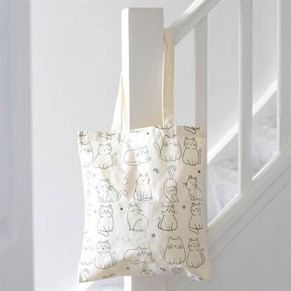White Cat Print Polycotton Tote Bag