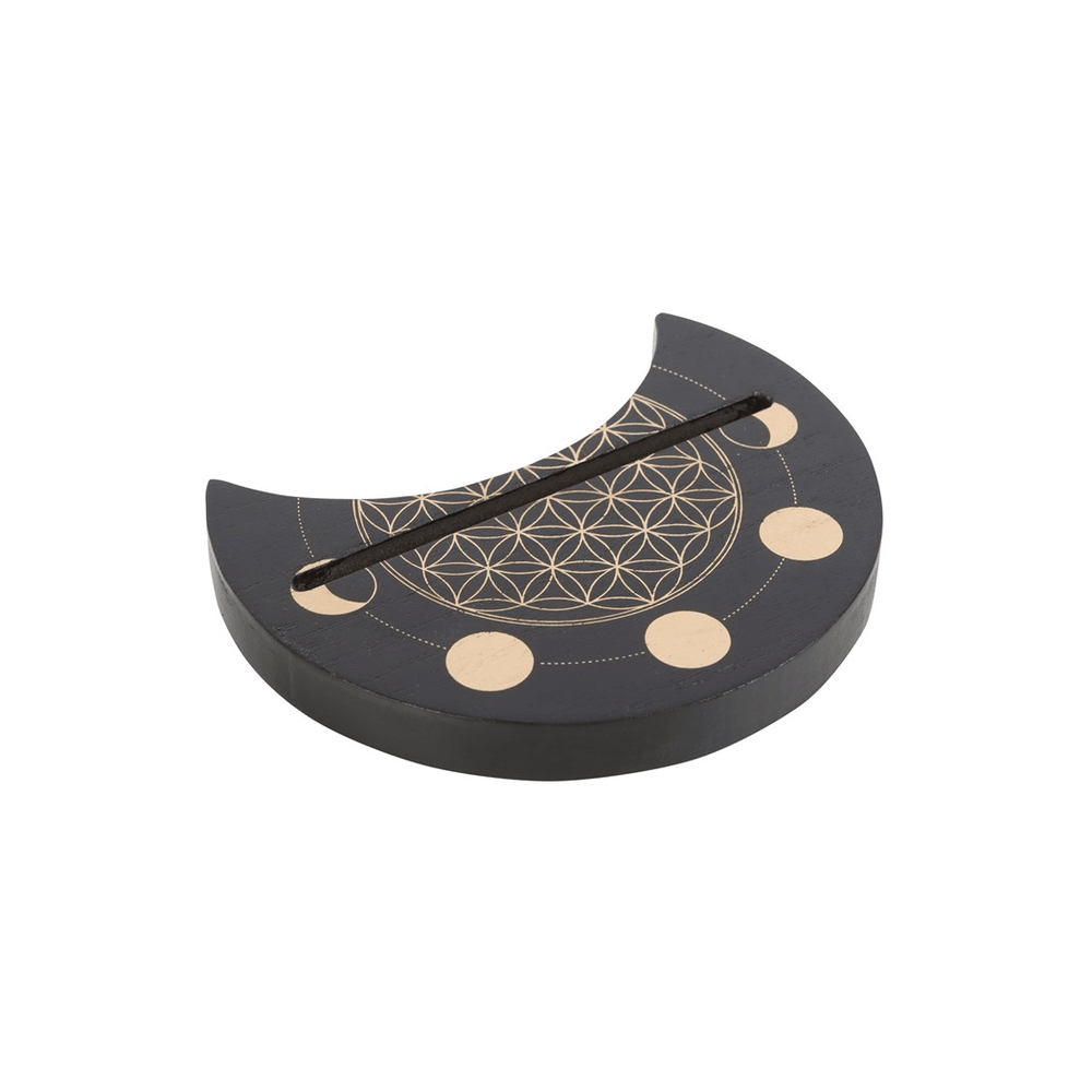 Black Flower of Life Crescent Moon Card Stand
