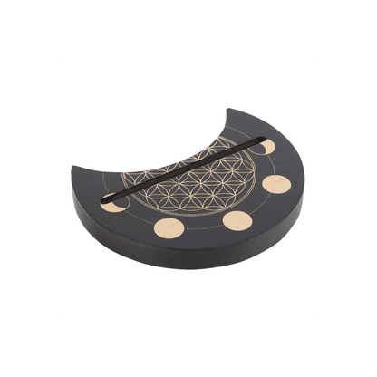 Black Flower of Life Crescent Moon Card Stand
