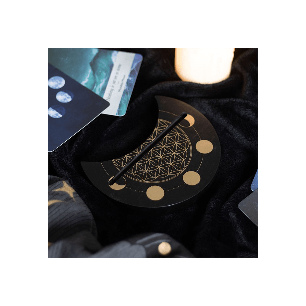 Black Flower of Life Crescent Moon Card Stand