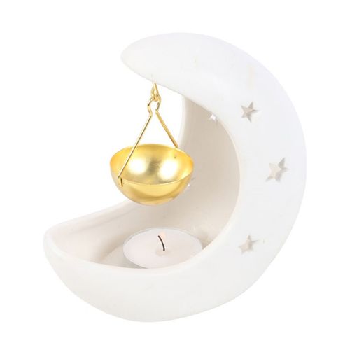 White Crescent Moon Oil Burner with Gold Metal Dish