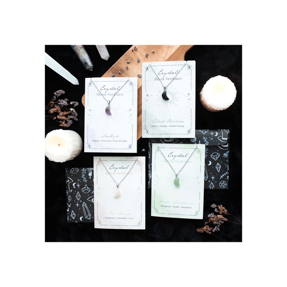 Rose Quartz Crystal Moon Necklace on Greeting Card