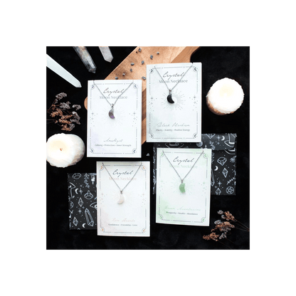 Rose Quartz Crystal Moon Necklace on Greeting Card