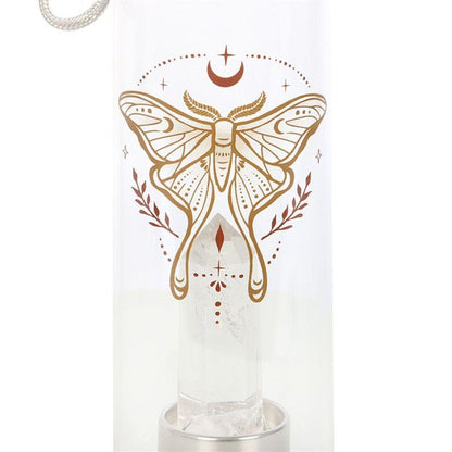 Luna Moth Glass Water Bottle with Clear Quartz Crystal