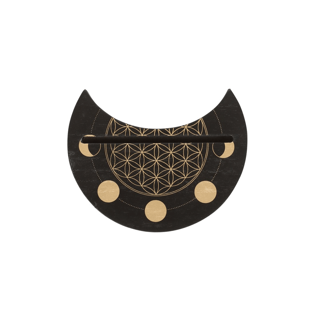 Black Flower of Life Crescent Moon Card Stand