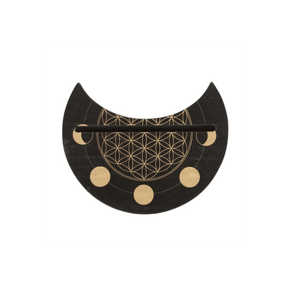 Black Flower of Life Crescent Moon Card Stand