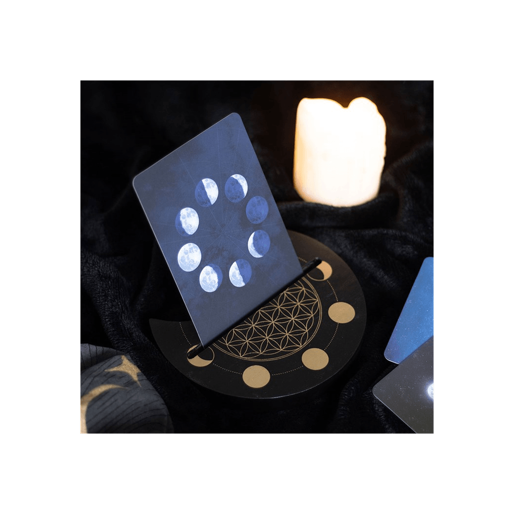 Black Flower of Life Crescent Moon Card Stand