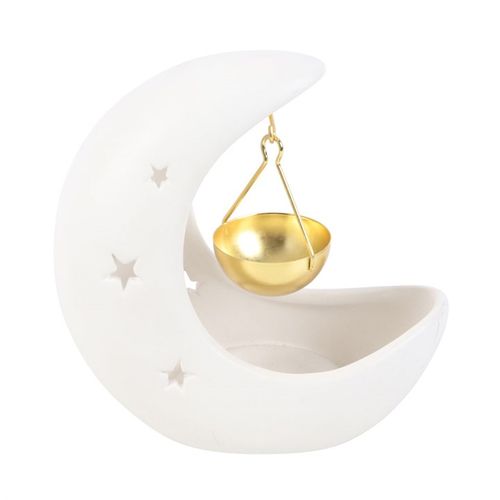 White Crescent Moon Oil Burner with Gold Metal Dish