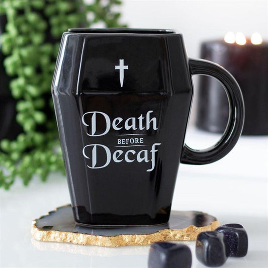 Death Before Decaf Coffin Mug