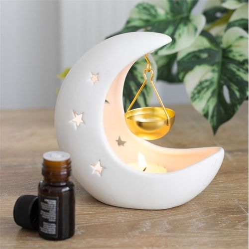 White Crescent Moon Oil Burner with Gold Metal Dish