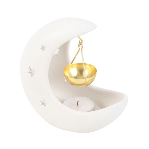 White Crescent Moon Oil Burner with Gold Metal Dish